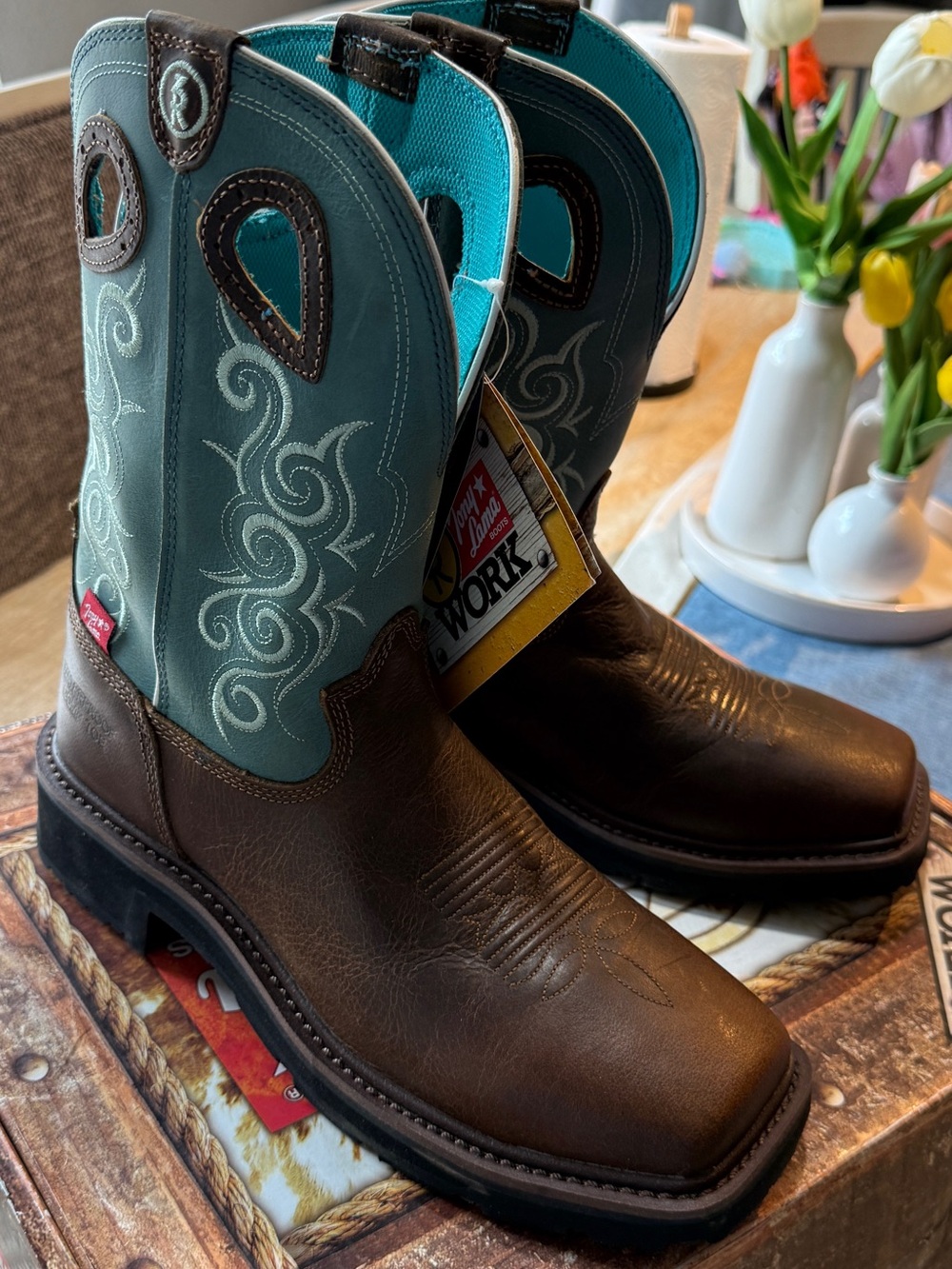 Tony Lama Work RR3401L Women’s Western Work Boots Brown Teal Waterproof 9C NIB